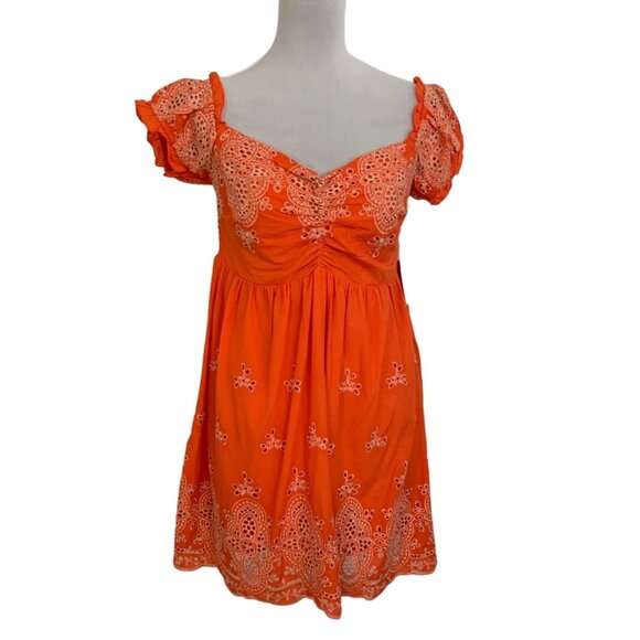 Coco Jaimeson Babydoll Eyelet Mini Dress Size XL Orange Coastal Off Shoulders - Picture 1 of 16